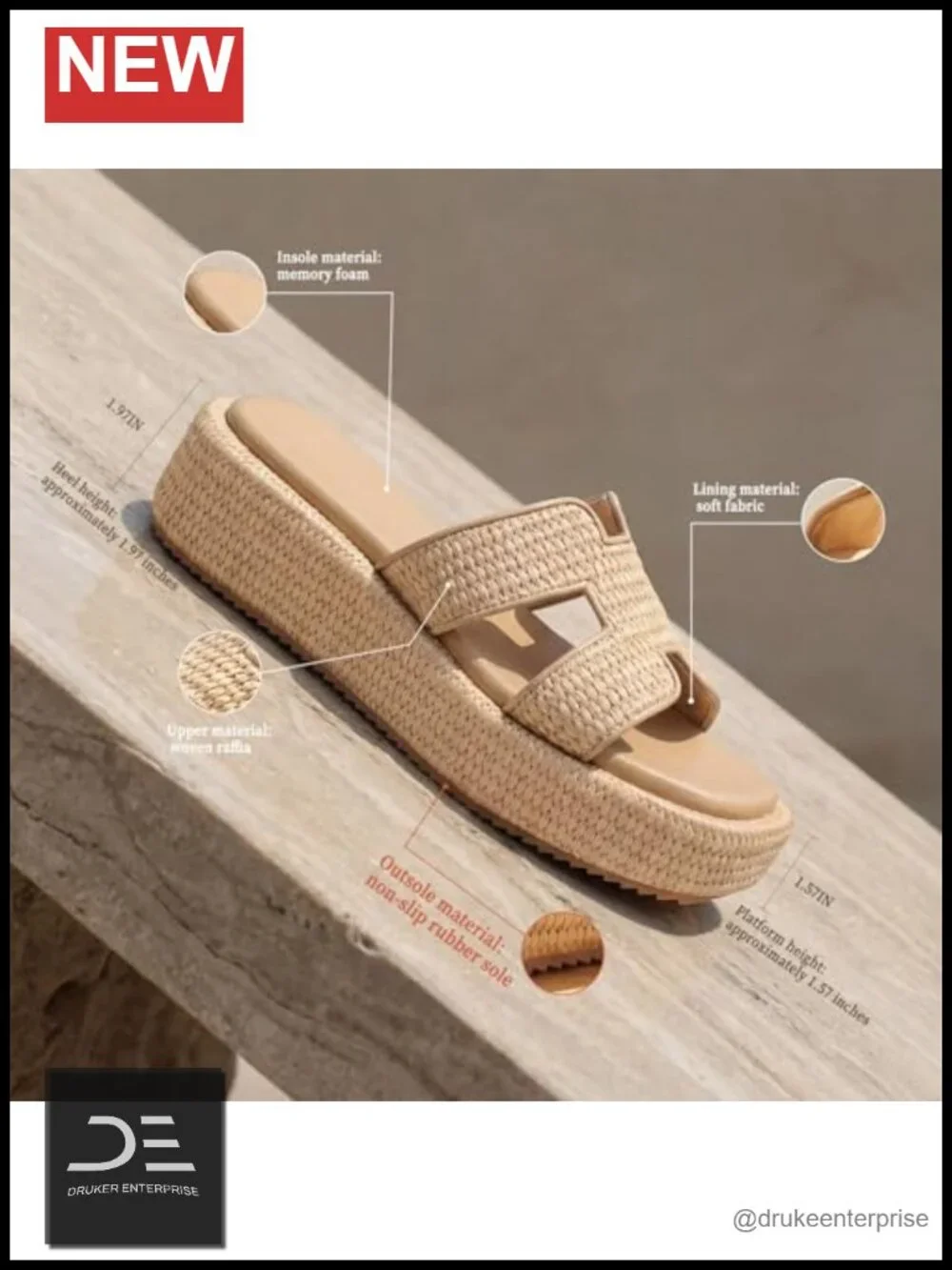Woven Raffia Espadrille Platform Sandals, Memory Foam, Slip-On Wedge Slides